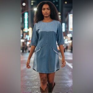 ASOS DENIM DRESS TWO-TONED LIGHT BLUE WASH SHIFT WESTERN MINI CASUAL SIZE 4